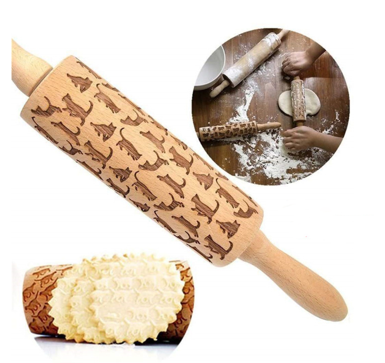 Christmas Engraved Roller Reindeer Snowflake Embossing Rolling Pin Cookies Noodle Biscuit Fondant Cake Dough walek do ciasta FB